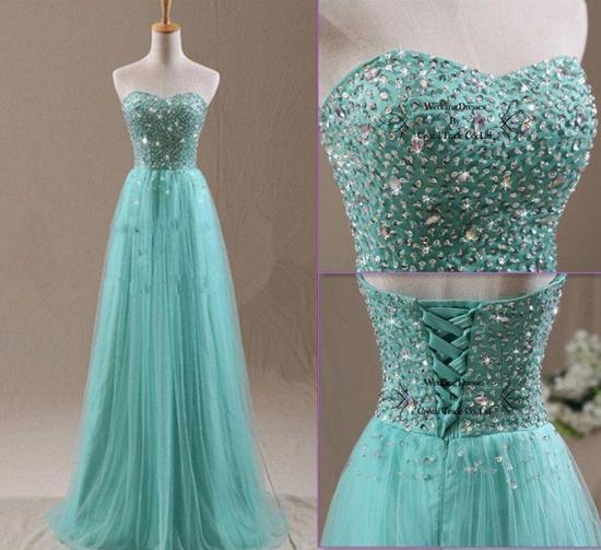 Sweetheart Crystal Mint Long Prom Dresses Lace-up Elegant Cheap Evening Dresses with Sparkly Beadings_2