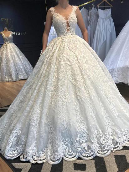 Sleeveless Lace Appliques Beading Wedding Dresses | V-Neck Strap Ball Gown Bridal Dresses_2
