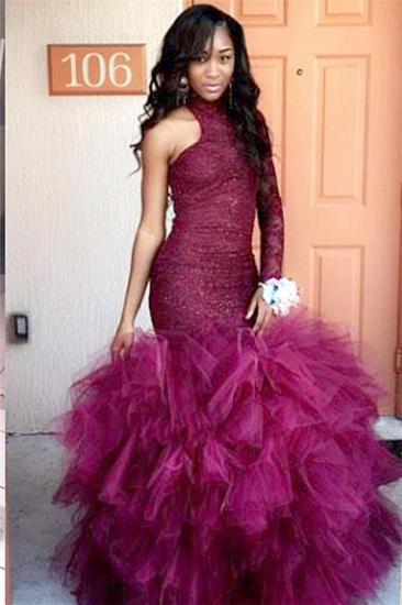 High-Neck One-Sleeve Sheath Lace Puffy Tulle Specail Latest Prom Dress