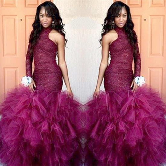 High-Neck One-Sleeve Sheath Lace Puffy Tulle Specail Latest Prom Dress_2