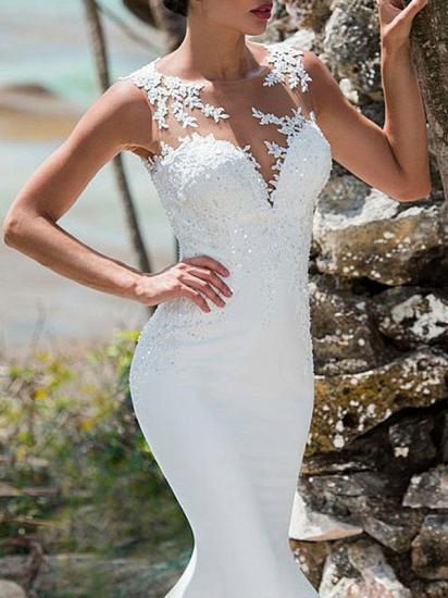 Gorgeous Jewel Satin Lace White Backless Mermaid Wedding Dresses_2