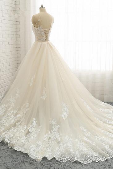 TsClothzone Glamorous Jewel Tulle Champagne Wedding Dress Appliques Sleeveless Overskirt Bridal Gowns with Beading Sash Online_5