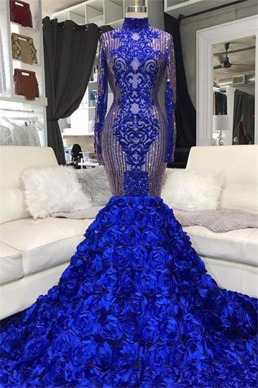 Sparkle Sequins Blue Flowers Fit and Flare Prom Dresses | Appliques High Neck Long Sleeve Evening Gowns