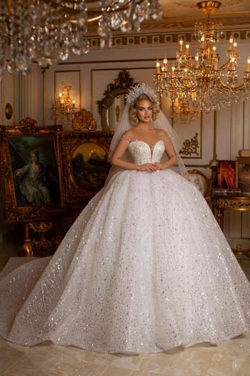 Beauty Off Shoulder Sweetheart Sleeveless Ball Gown Wedding Dress With Glitter_1