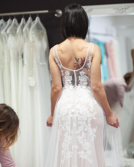 White Tulle Simple Wedding Dress V-Neck Sleeveless Lace Bridal Dress_4