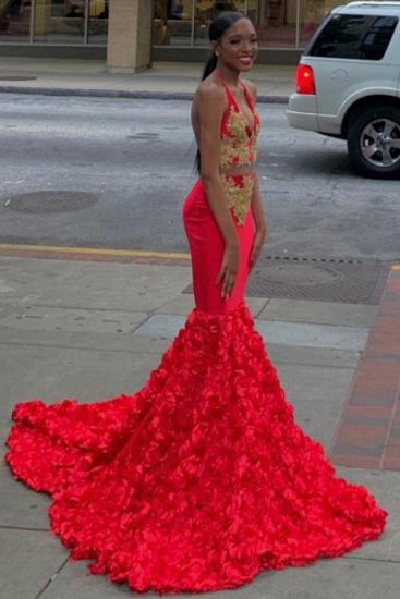 Red Halter Appliques 3D-floral Sweep Train Mermaid Prom Dresses_1