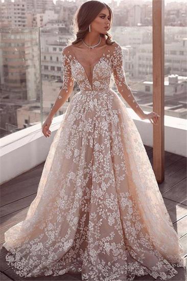 Langärmliges, durchscheinendes Tüll-Spitzen-Hochzeitskleid Billig 2022 | Champagner Rosa Prinzessin Outdoor Brautkleid Online_1