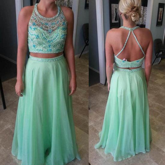 A Line Chiffon Green Evening Dresses 2022 Two Piece Prom Dress with Beads_4