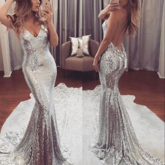 Cheap Silver Sequins V-neck Backless Evening Dress Sexy Straps 2022 Summer Party Dress