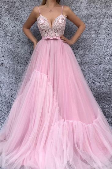 Sexy Spaghetti-Träger mit V-Ausschnitt Pink Prom Dress | Chic Lace Mieder Günstige Langes Abendkleid mit Schärpe_1