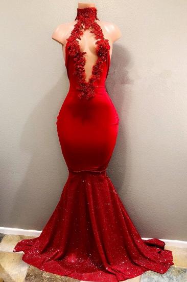 Newest Mermaid Red Lace High Neck Prom Dress | Red Prom Dress