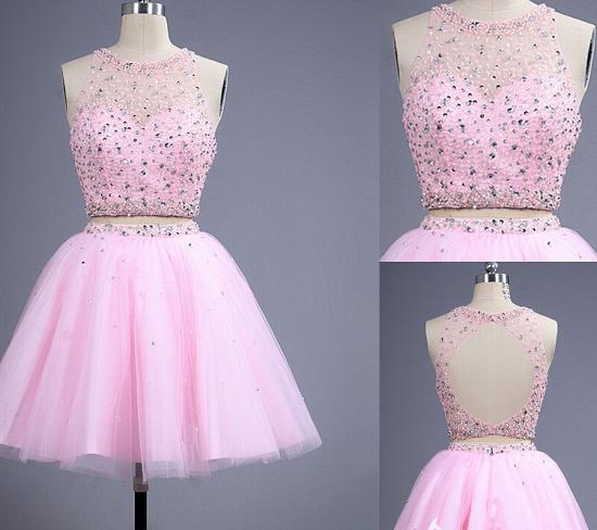 Cute Two Pieces Halter Pink Short Homecoming Dress with Beadings Open Back Mini Cocktail Dress_2