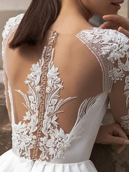 A-Line Wedding Dress Jewel Lace Satin Long Sleeves Bridal Gowns Simple Sexy See-Through with Sweep Train_2