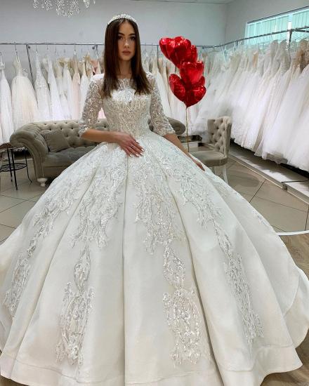 Gorgeous Half Sleeves Satin Lace Appliques Ball Gown  Wedding Dress_2