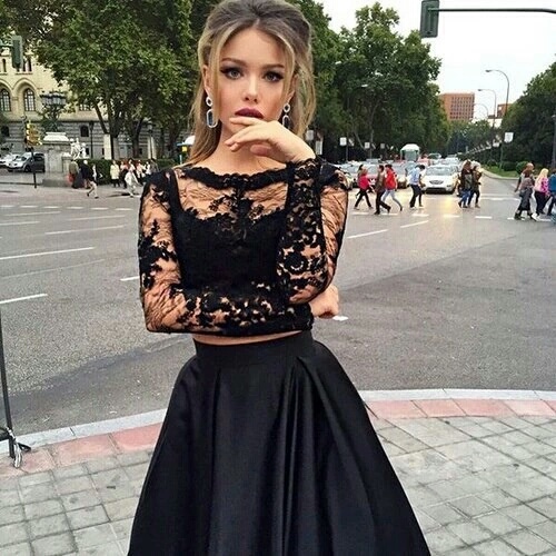 Black Two-Piece A-line Long-Sleeves Long Prom Dresses_2