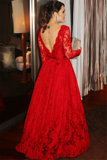 Open Back Red Lace Abendkleider mit Ärmeln | Sexy V-Ausschnitt Günstige Ballkleider 2022 mit Schleifenschärpe_1