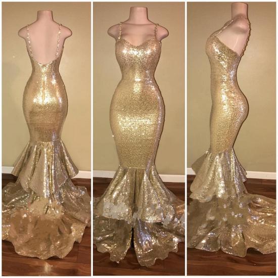 Shiny Sequins Mermaid Spaghettis-Straps Layers-Train Gold Prom Dresses_3