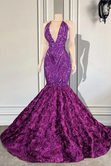Purple v-neck mermaid flowers prom dress_1
