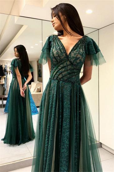 Dunkelgrüne Prinzessin mit kurzen Ärmeln Lange Ballkleider | V-Ausschnitt Spitze Abendkleider mit weichen Falten