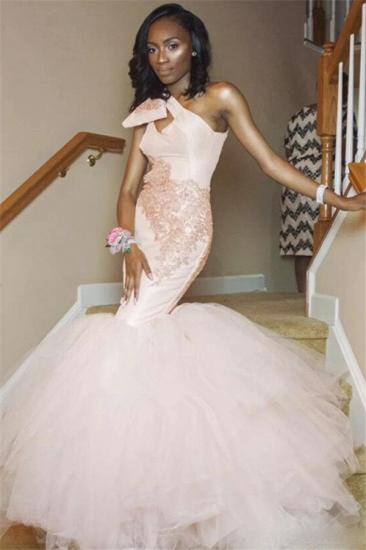 One Shoulder Mermaid Tulle Cheap Prom Dress 2022 | Pink Lace Sleeveless Sexy Long Prom Gown_2