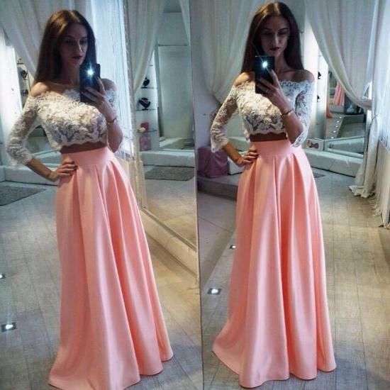 Elegante Spitze zweiteiliges formelles Kleid Günstige A-Linie schulterfreies rosa Abendkleid_2