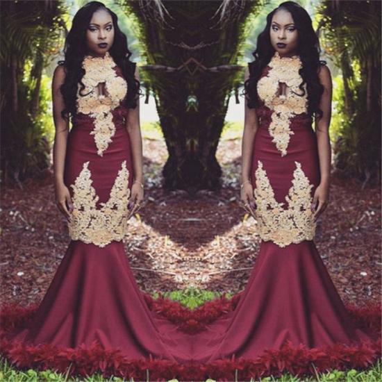 Luxury Burgundy Feather Prom Dresses Online | Sleeveless Mermaid High Neck Lace Long Evening Dress_3