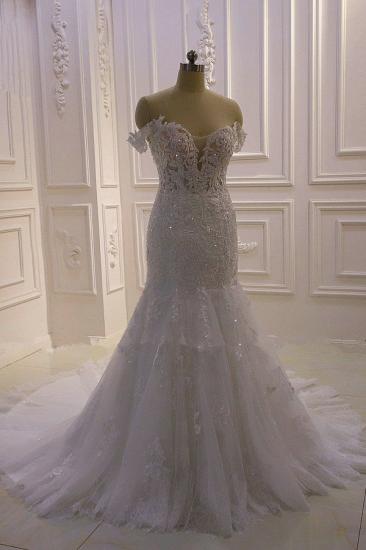 Gorgeous White 3D Lace applique Off-the-Shoulder Mermaid Bridal Gowns_6