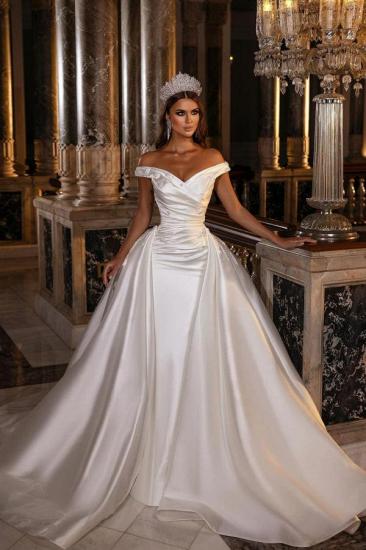 Modest Off-the-Shoulder Satin Wedding Dress with Detachable Sweep Train_1