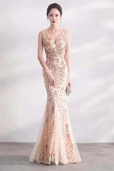 Elegant Deep V-neck Mermaid Evening Dress with Ruby Beads | Long Floor length Formal Dress_3