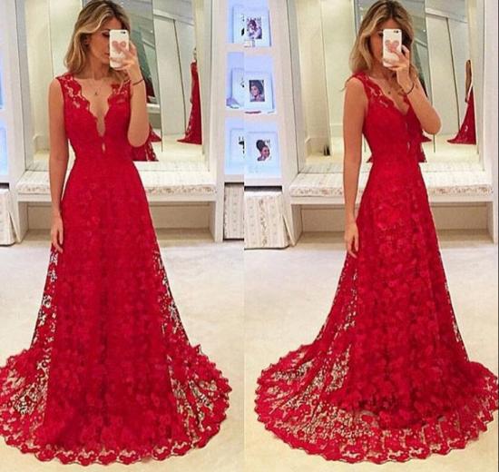 A-Line Red V-Neck Lace 2022 Prom Dresses Latest Sweep Train Evening Gowns_3