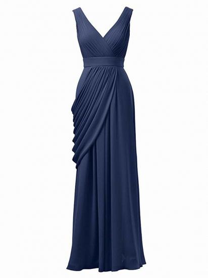Blue Ruffle V Neck Chiffon Long Zipper Bridesmaid Dress_1