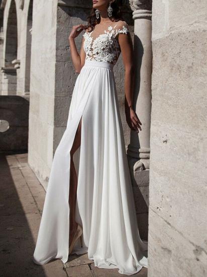 Elegante, schulterfreie, weiße Split-Rüschen-Hochzeitskleider mit Spitzenapplikationen_3
