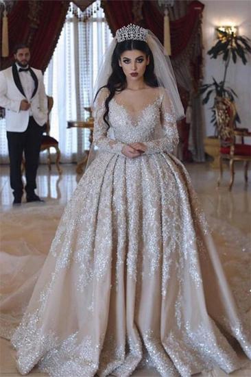 Gorgeous Champange Long sleeves Lace Ball Gown Wedding Dress_1
