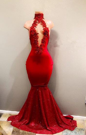 Newest Mermaid Red Lace High Neck Prom Dress | Red Prom Dress_1