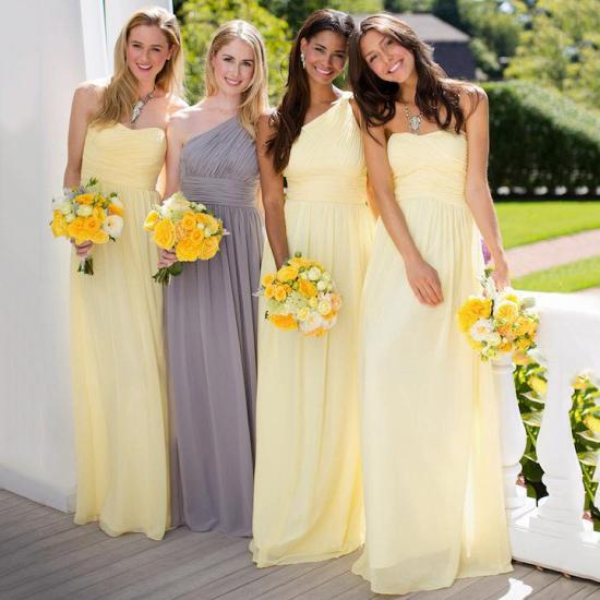Yellow One-Shoulder Sheath Long Chiffon Bridesmaid Dress_3