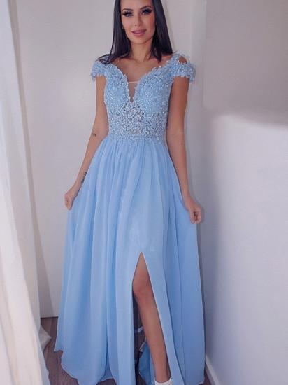 Cap sleeves sky blue high split prom dress with lace appliques_4