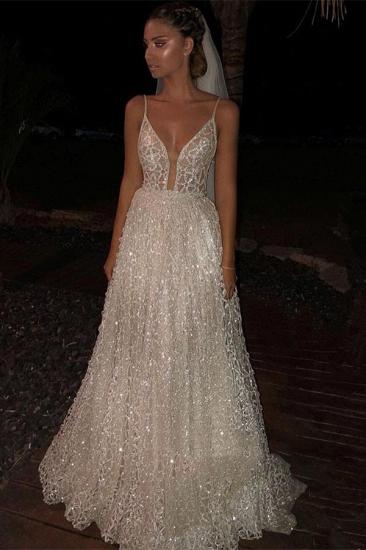 Sparkly White Spaghetti-Strap A-Line Sequins Wedding Dress | Shining Long Prom Gowns_2