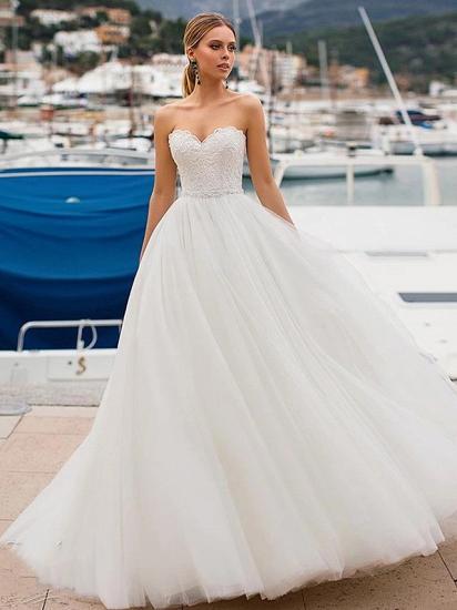 Sexy Ball Gown Wedding Dresses Strapless Bridal Gowns Lace Tulle Strapless Plus Size Bridal Gowns with Sweep Train