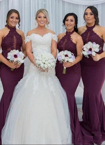 Maroon Halter Appliques Bridesmaid Dresses | Mermaid Sleeveless Wedding Party Dress_2