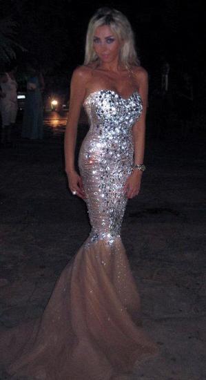 Sexy Meerjungfrau Trägerlose Abendkleider 2022 Silber Kristalle Perlen Abendkleid
