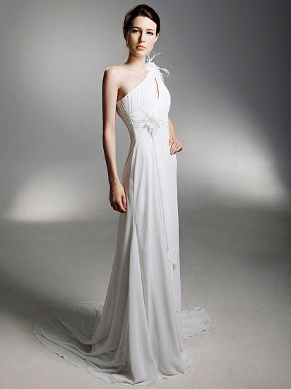 Sheath Wedding Dress One Shoulder Chiffon Sleeveless Bridal Gowns with Watteau Train_4