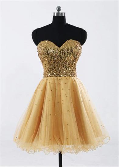 Sweetheart Gold Sequined Mini Homecoming Dress Niedliche Organza-Schnür-Mini-Brautjungfernkleider