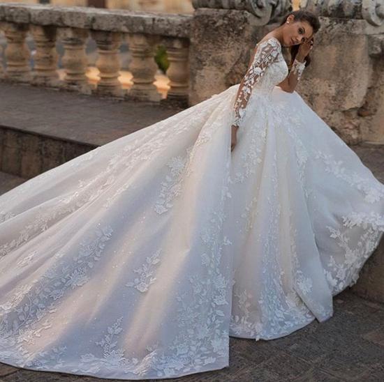 Long SLeeves A-line Wedding Dress Floral Lace Appliques Bridal Dress_3