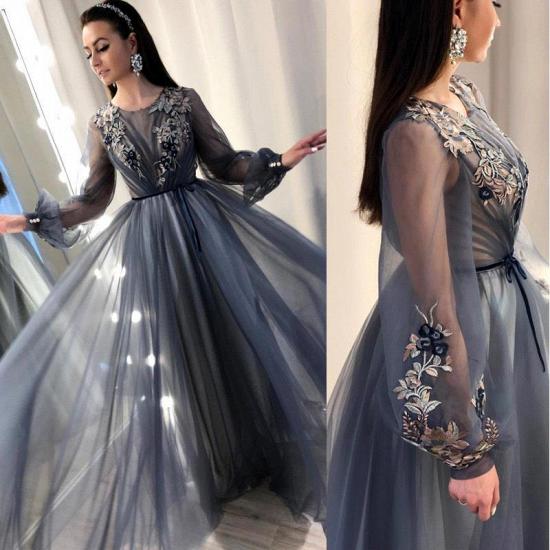 Trendy A-Line Tulle Evening Dresses | Long Sleeves Applqiues Affordable Prom Dresses_5