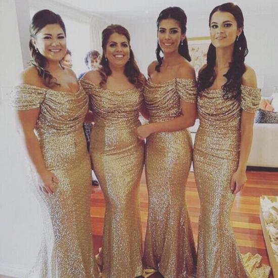 Gold Sequins Bridesmaid Dresses Off the Shoulder Sexy Mermaid Maid of the Honor Dresses_4