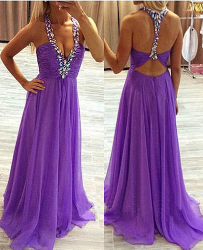 Sexy Open Back Chiffon Purple Prom Dresses 2022 Deep V-neck Evening Gown_2