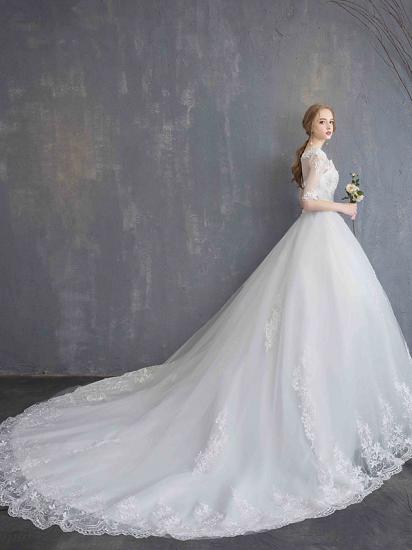 Glamouröses durchsichtiges Ballkleid-Hochzeitskleid U-Ausschnitt-Spitze Tüll Pailletten Halbarm-Brautkleider mit Kapellenschleppe_14