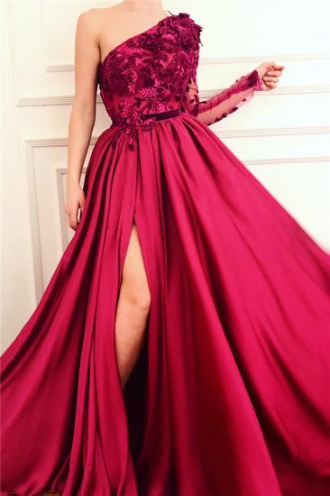 Sexy One Shoulder Front Slit Burgundy Prom Dress | Affordable One Sleeve Appliques Long Prom Dress