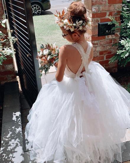 Criss-cross Straps Lace Shoulder Tiered Tulle Flower Girl Dresses | White Floor Length Sleeveless Kid's Dress For Wedding_3