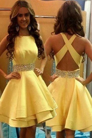 A-Line Crystal Yellow Short Cocktail Gowns Crossed Back Mini 2022 Homecoming Gowns_2